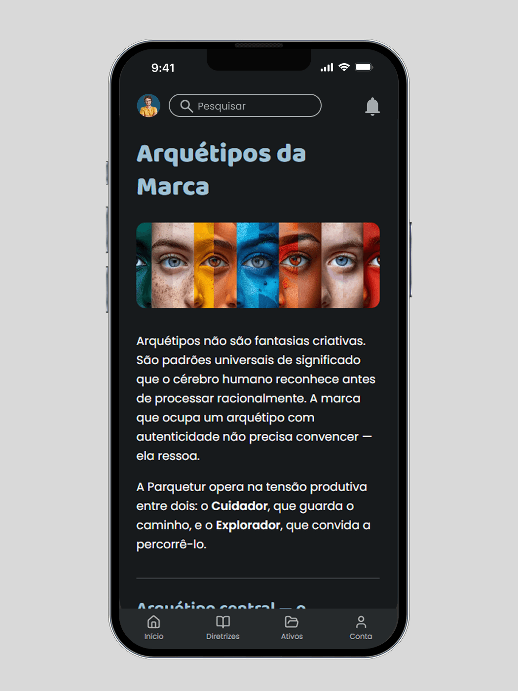 Tela de arquétipos da marca no app: título, imagem de apoio e o texto que define a tensão entre o Cuidador e o Explorador