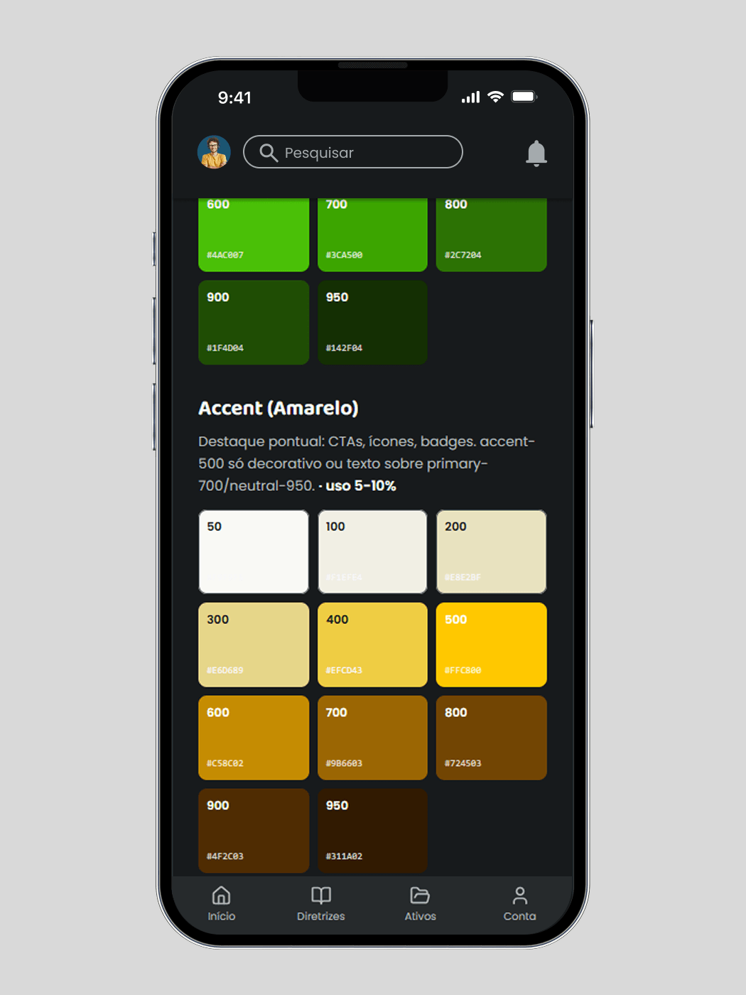 Sistema de cores em tokens: escalas de verde e amarelo com número, código hexadecimal e regra de uso de cada tom