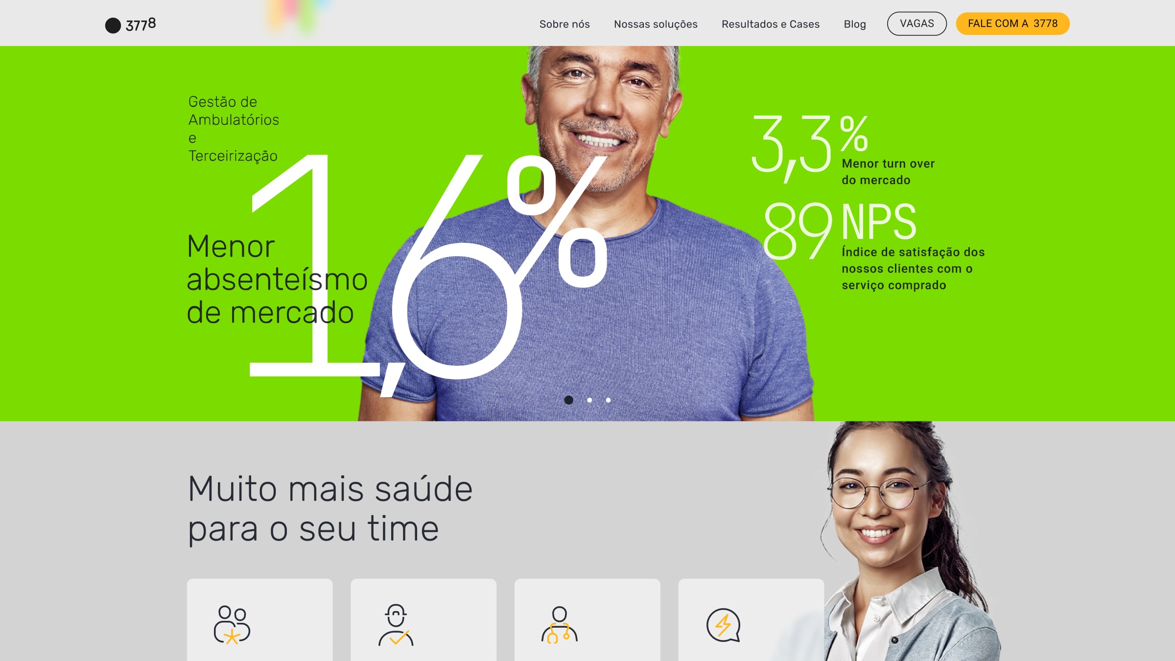 Trecho da home da 3778 em desktop: o carrossel de resultados sobre fundo verde, com 1,6% de menor absenteísmo de mercado na gestão de ambulatórios e terceirização, 3,3% de menor turnover e 89 de NPS de satisfação dos clientes, seguido da seção “Muito mais saúde para o seu time” com os cards de benefício e o menu fixo no topo